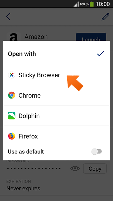 Using autofill with Sticky Browser on your Android device - select Sticky Browser.