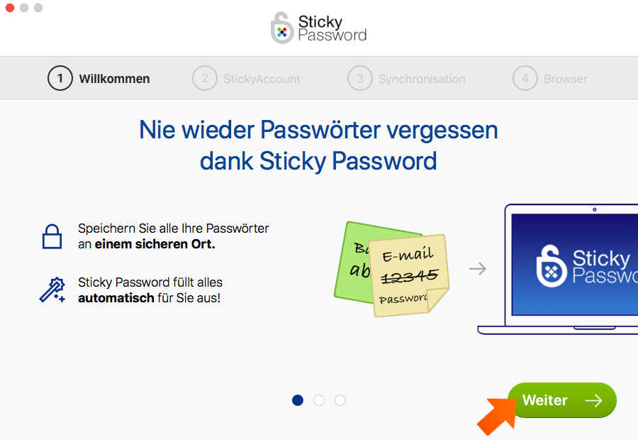So installieren Sie Sticky Password auf Ihrem Mac - der Begrüßungsbildschirm im  Ersteinrichtungsassistenten.