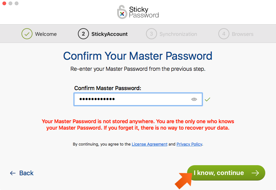 How to install Sticky Password on your Mac - confirming the new Master Password in the First Run Wizard.