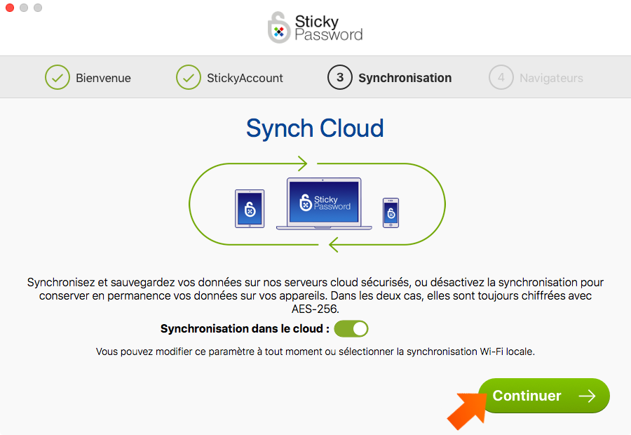 Comment installer Sticky Password sur votre Mac - Activation ou désactivation de la
synchronisation et de la sauvegarde dans le cloud dans l’assistant Première exécution.