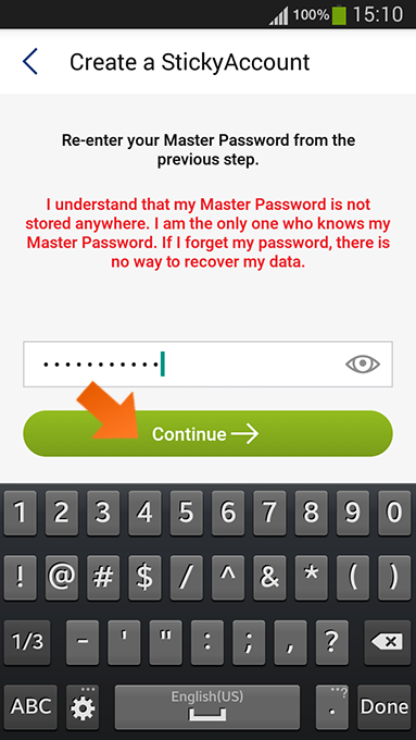 How to install Sticky Password on Android - confirm your Master Password.