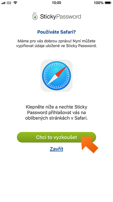  Jak povolit a používat Sticky Password rozšíření pro Safari na vašem iPhone/iPadu - klepněte na Chci to vyzkoušet.