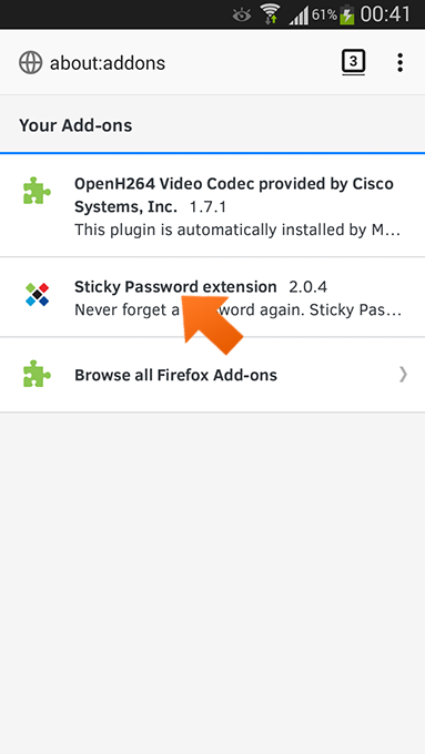 Installing the Sticky Password extension for Firefox on Android  - Sticky Password add-on.
