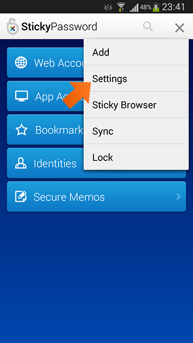 Installing the Sticky Password extension for Firefox on Android  - select Settings.