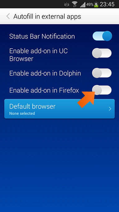 Installing the Sticky Password extension for Firefox on Android - Tap the swith for Firefox.