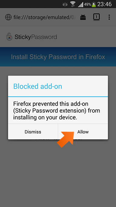 Installing the Sticky Password extension for Firefox on Android - tap Allow.