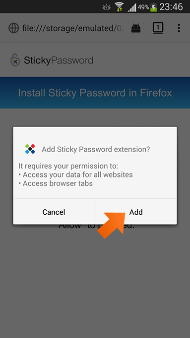 Installing the Sticky Password extension for Firefox on Android  - Tap Add.