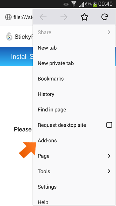 Installing the Sticky Password extension for Firefox on Android - Select Add-ons.