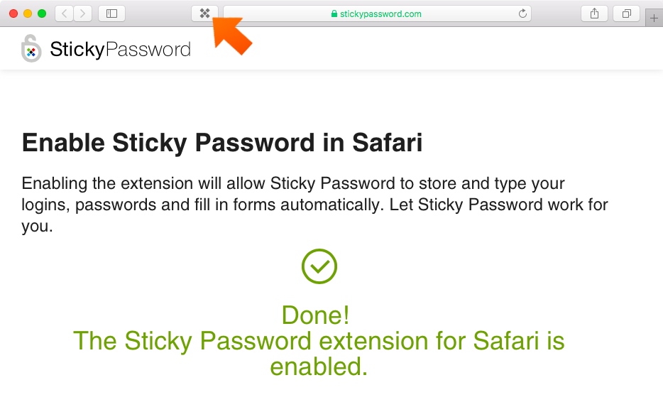 Enabling the Sticky Password extension in Safari on Mac - The Sticky Password toolbar icon appears.