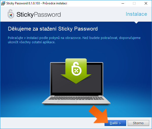Jak nainstalovat Sticky Password na Windows - klikněte na Další.