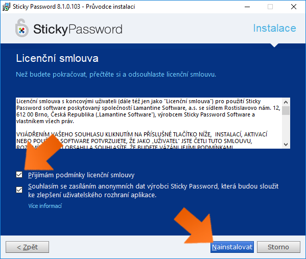 Jak nainstalovat Sticky Password na Windows - klikněte na Nainstalovat.