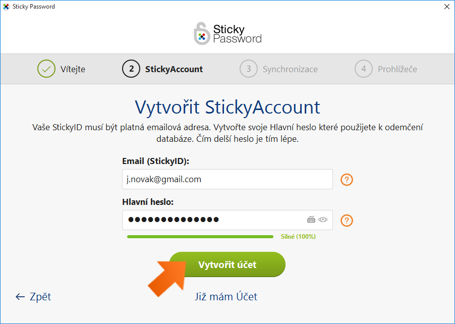 Jak nainstalovat Sticky Password na Windows - vytovřte si nový účet StickyAccount.