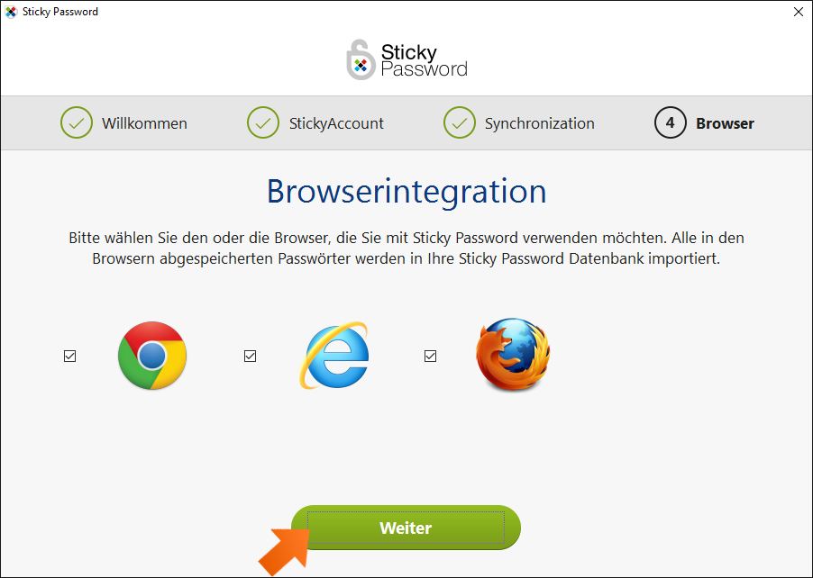 Sticky Password unter Windows installieren - Jetzt können Sie die Browser auswählen.