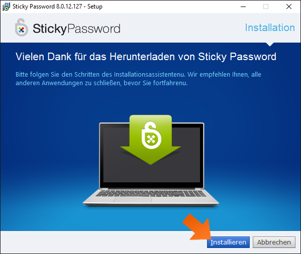 Sticky Password unter Windows installieren - klicken Sie auf Installieren
