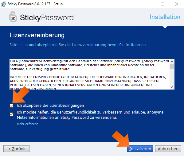 Sticky Password unter Windows installieren - Klicken Sie nun Installieren