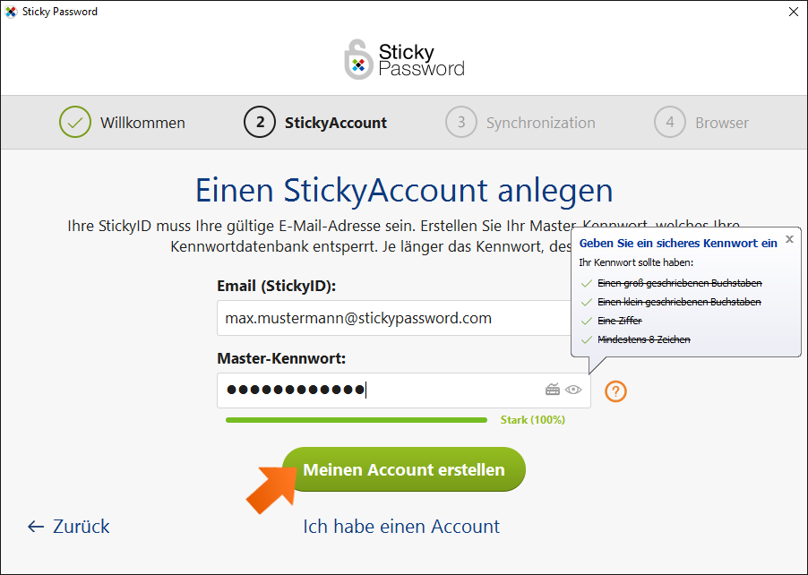 Sticky Password unter Windows installieren - Geben Sie Ihre E-Mail ein und erstellen Sie Ihr Master-Kennwort.