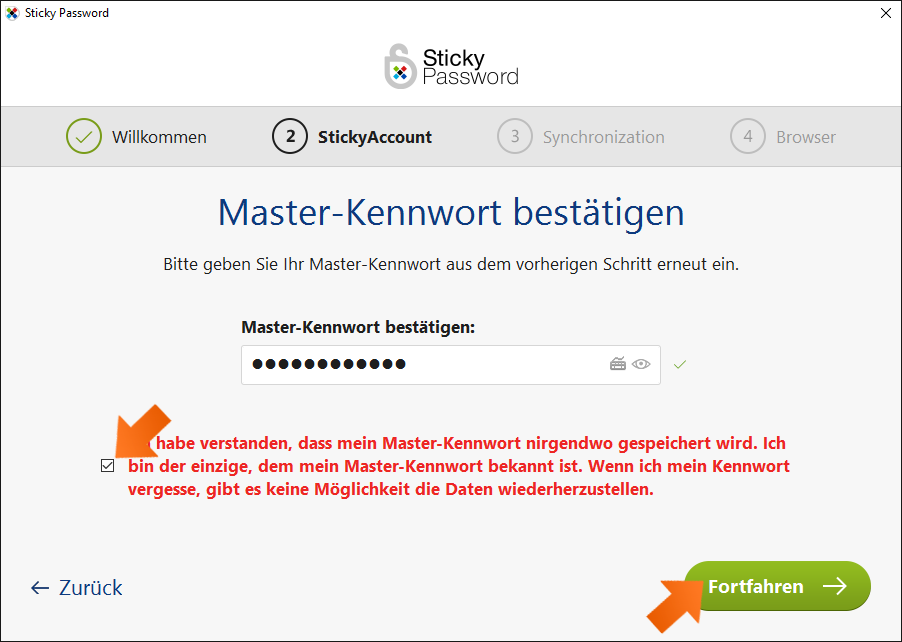 Sticky Password unter Windows installieren - Bestätigen Sie Ihr Master-Kennwort.