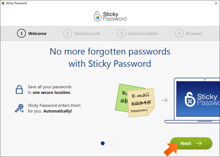 Getting started with Sticky Password - Welcome to Sticky Password First run wizard.