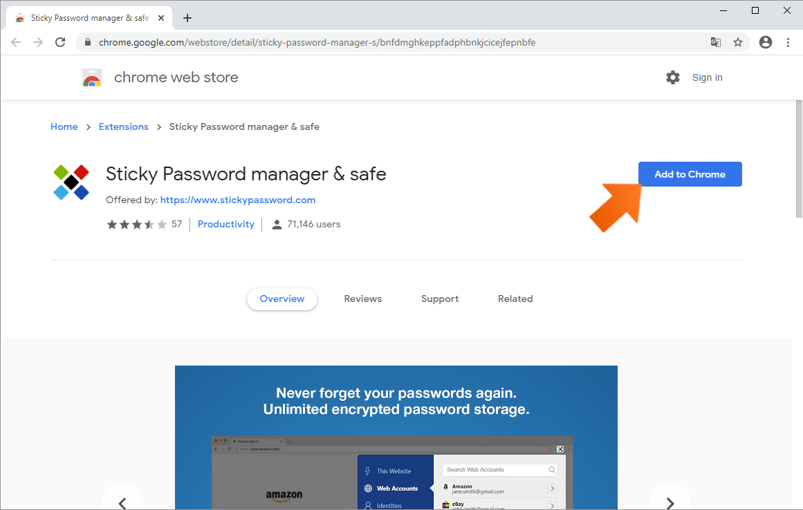Installing the Sticky Password extension for Chrome on Windows - click Install button.