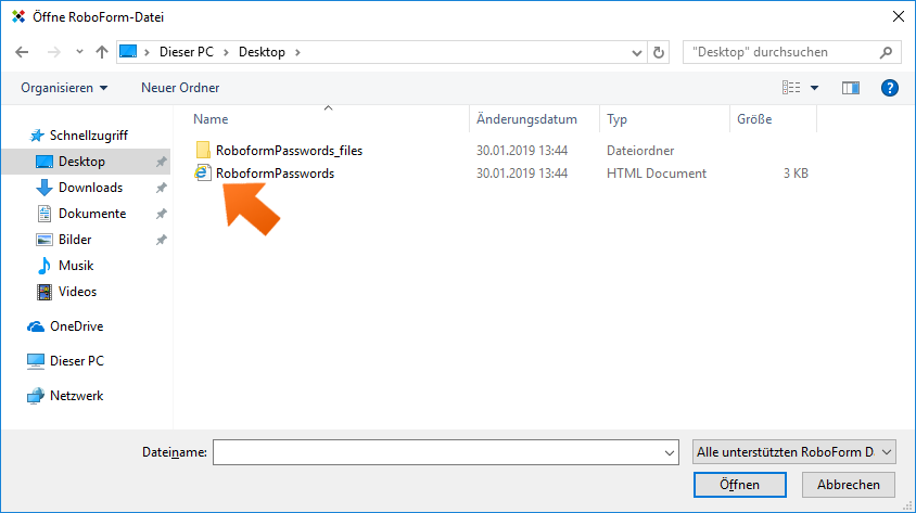 Wie importiert man seine Passwörter aus RoboForm unter Windows - klicken Sie auf Öffnen