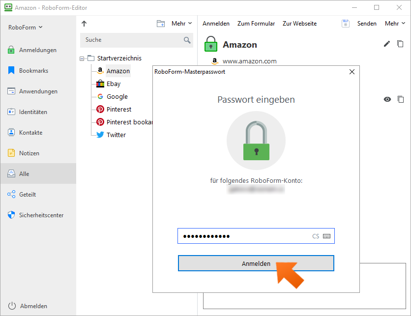 Wie importiert man seine Passwörter aus RoboForm unter Windows - klicken Sie auf Anmelden