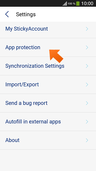 How to set up Sticky Password autolock on Android - tap App protection.