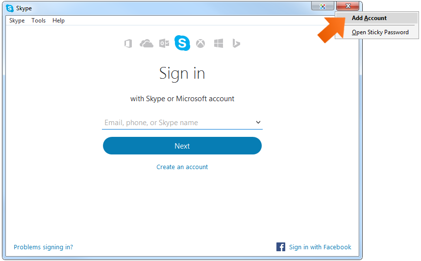 Open Skype and click Add Account.