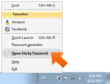 Sticky Password systray menu