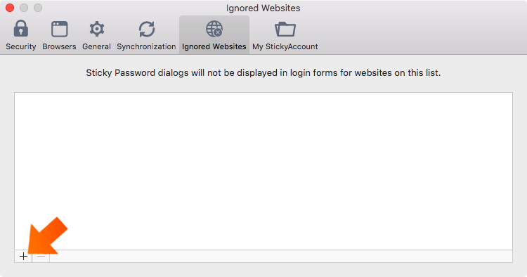 Setting Ignored Websites on Mac click plus symbol.