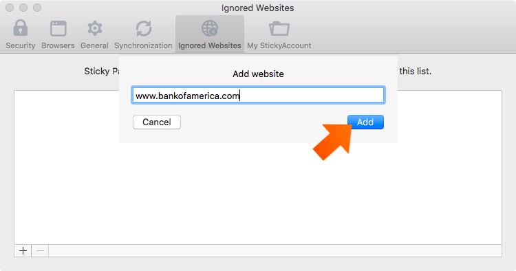 Setting Ignored Websites on Mac - enter url.