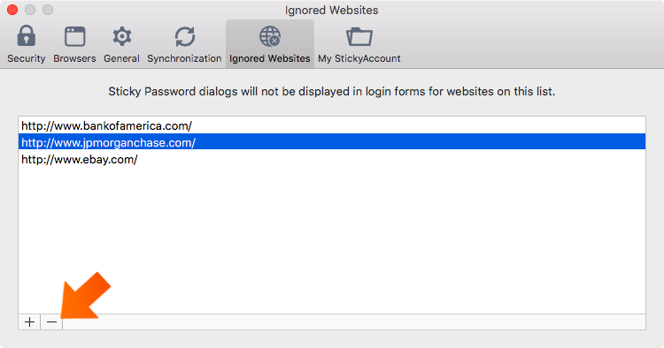 Setting Ignored Websites on Mac - click minus symbol.