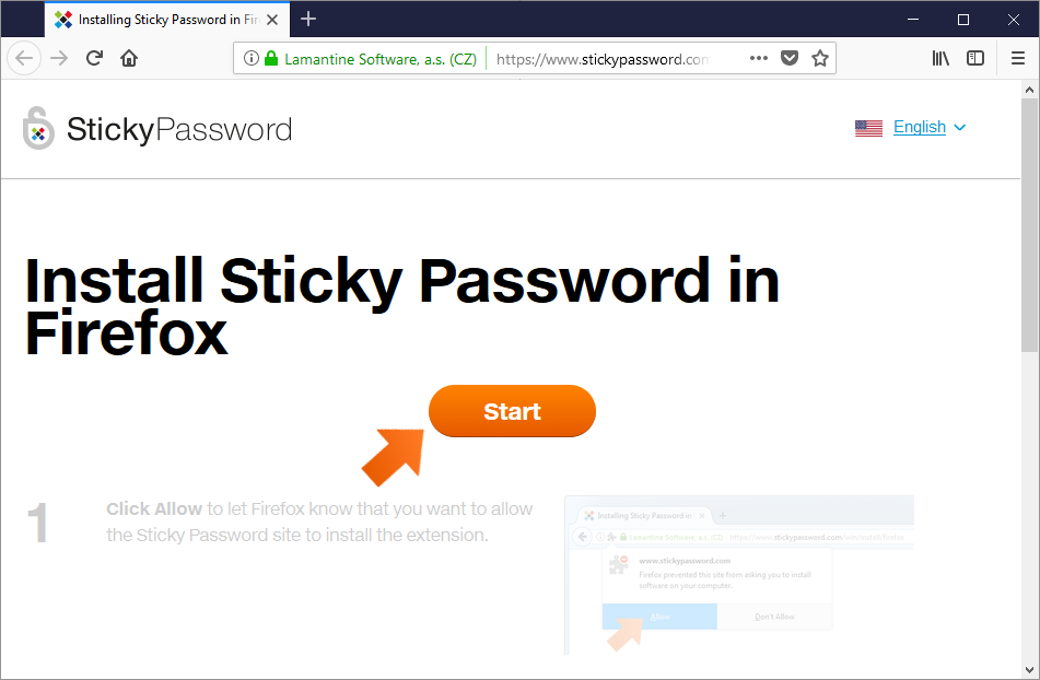 Installing the Sticky Password extension for Firefox on Windows - click Start.