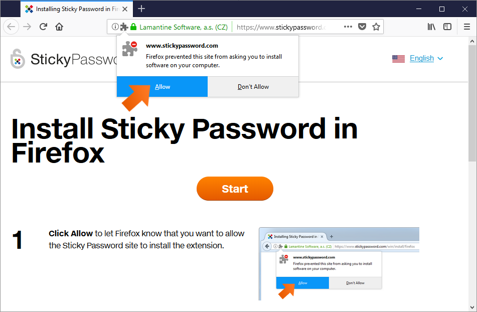 Installing the Sticky Password extension for Firefox on Windows - click Allow.