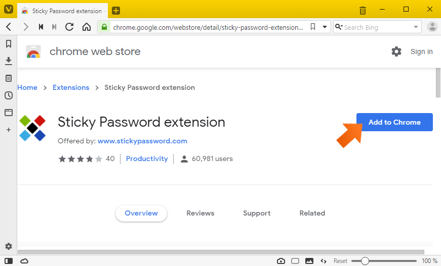 Installing the Sticky Password extension in Chromium-based browsers on Windows - click Add to Chrome.