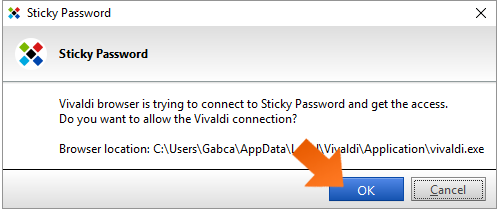 Installing the Sticky Password extension in Chromium-based browsers on Windows - click OK