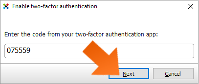 Protect your data with Two factor authentication - enter code and click Next.