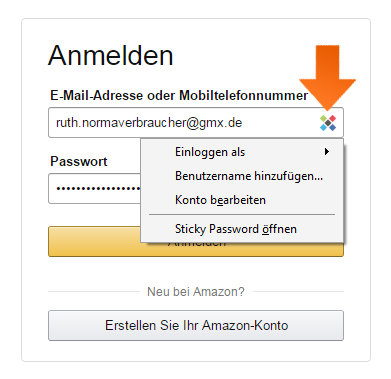 Klicken Sie auf das Sticky Password Symbol im Eingabefeld