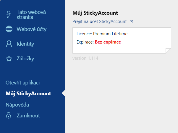 Menu extenze Sticky Password – Můj StickyAccount.