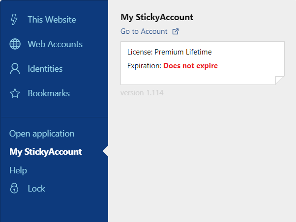 Sticky Password extension menu – My StickyAccount tab.