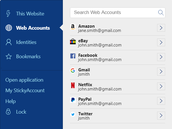 Sticky Password extension menu – Web Accounts tab.