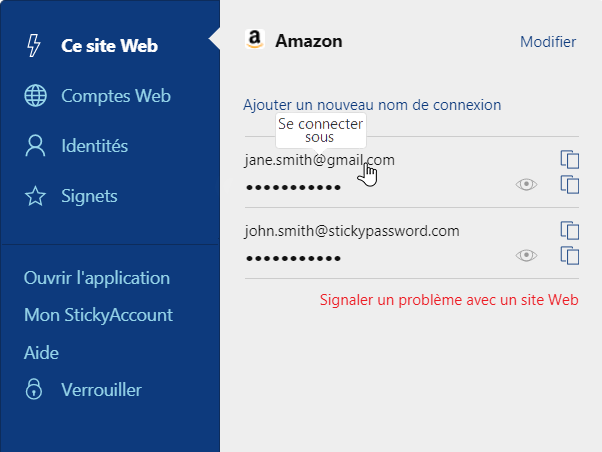 Menu d’extension Sticky Password – onglet Ce site Web.