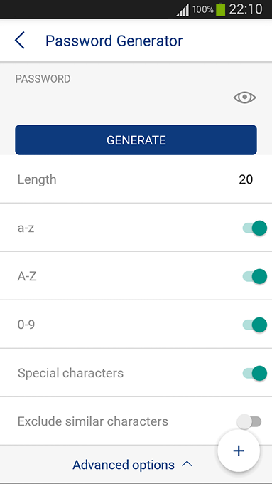 Creating strong passwords with our password generator on Android - advanced options.