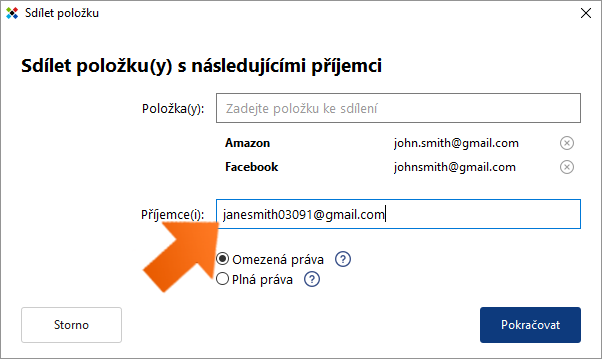 Bezpečné sdílení hesel - zadejte emailovou adresu.