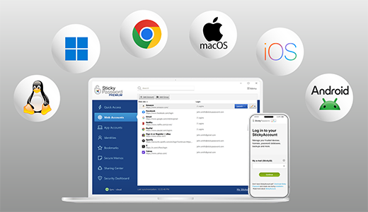 Logos of platforms supported by Sticky Password. Linux, Win, ChromeOS, macOS, iOS, Android.