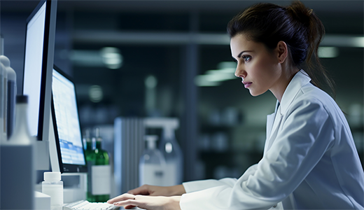 Lab worker working at computer terminal.