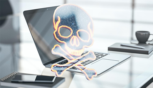 Threatening skull and crossbones indicating threat of malware to computers.