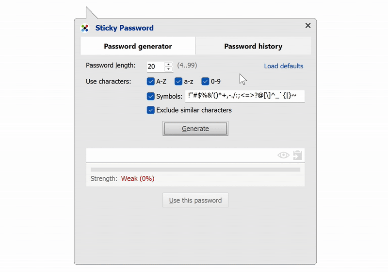 Creating a strong password with Sticky Password’s random generator.