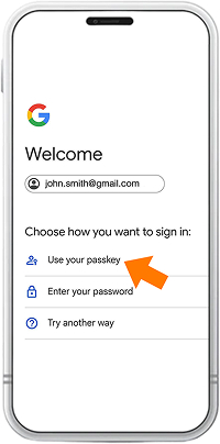 Connexion avec une passkey dans Google – étape 1